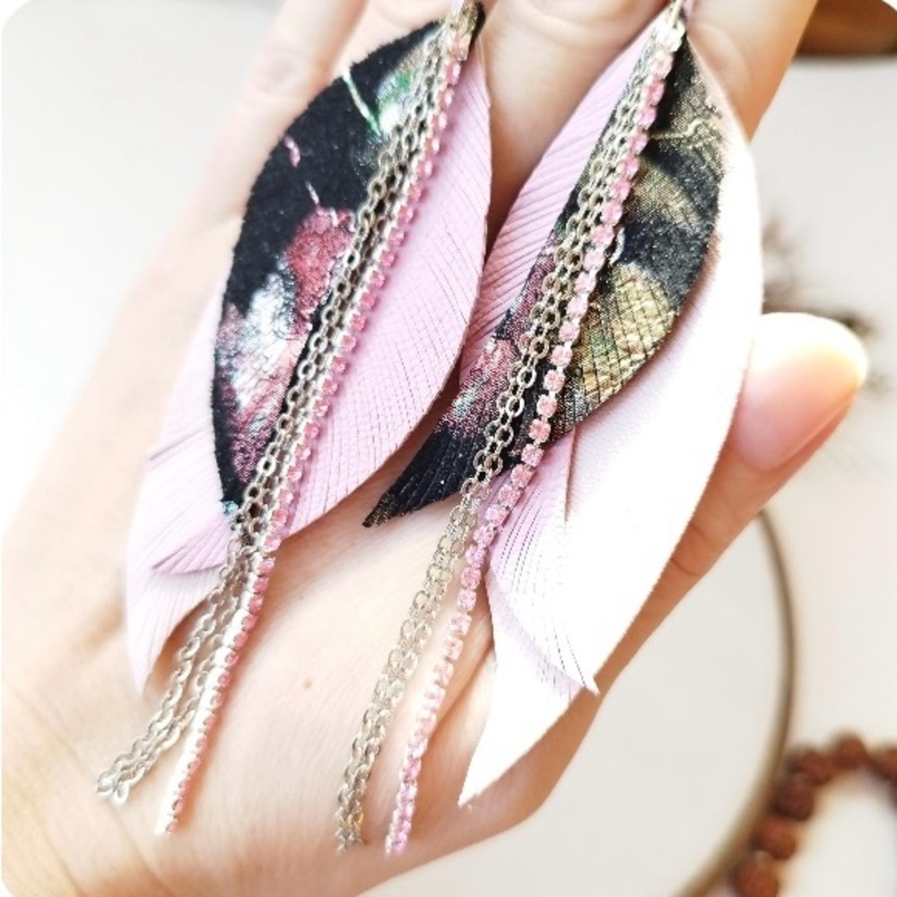 Elegant Pink and Black Feather Earrings